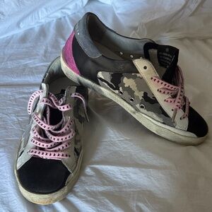 Golden Goose Camouflage Sneakers with Pink Laces. Sz39